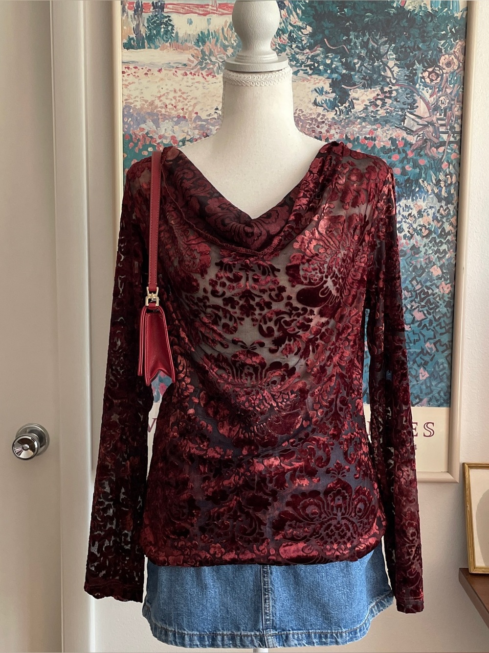 Vintage Y2K Karen Kane Velvet Burnout Top M Red Cowl Neck Sheer Whimsigoth 90s